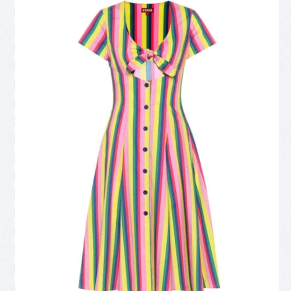 SEND OFFERS Staud ALICE TIE-FRONT STRIPED COTTON POPLIN DRESS IN MULTICOLOUR